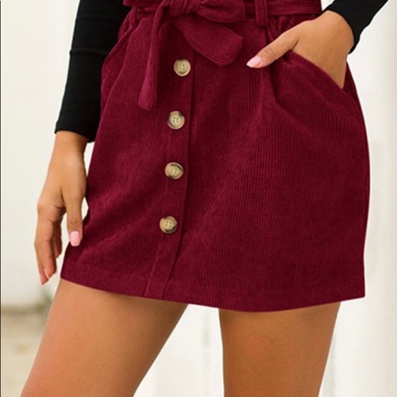 WINE CORDUROY TIE-BELT SKIRT - Picture 5 of 6